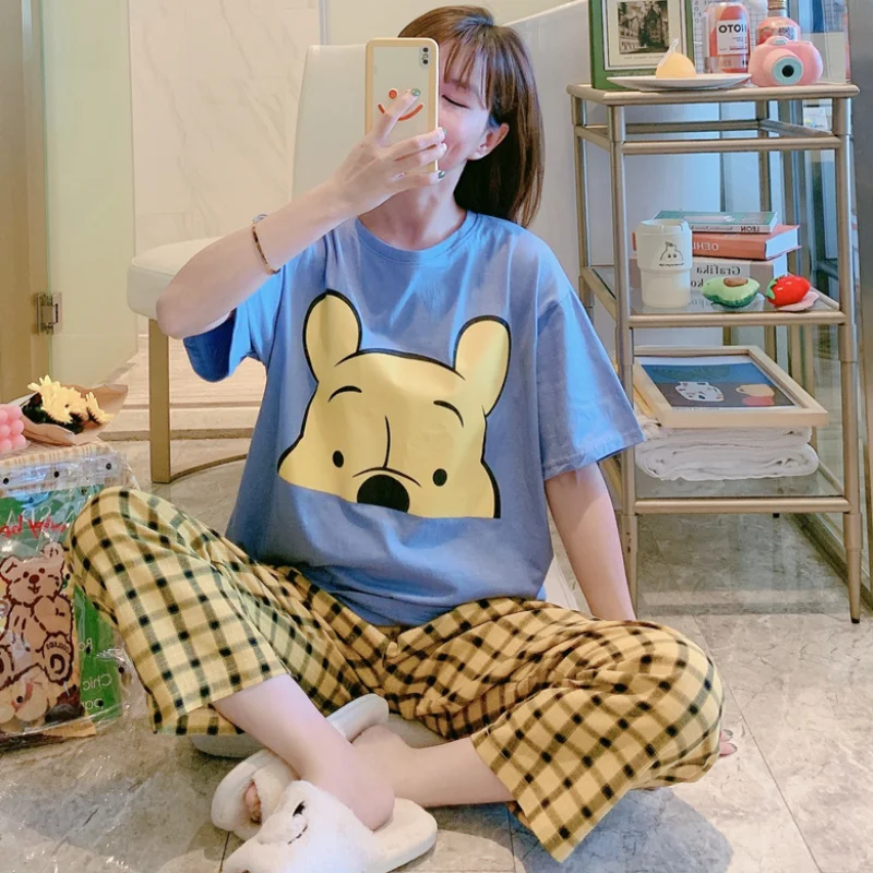 Disney Cartoon Winnie the Pooh Kawaii Pajama Sets Ladies Summer Short Sleeve Tshirt Plaid Pants Sleepwear Women Pizama Damska