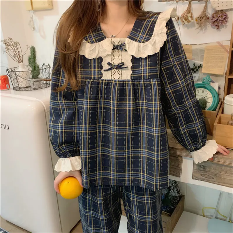 

Chic Plaid Sleepwear Patchwork Lace Geometric Long Sleeves Home Clothes Loose Casual Chic Women Sweet Pajamas