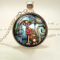 fashion jewelry charms pendants necklaces steampunk cat cabochon gem glass pendant necklace sweater chain jewelry creative gifts