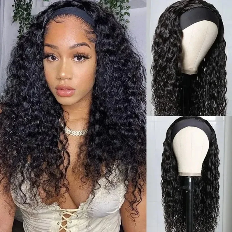 Headband Wig Water Wave Glueless Perruque Synthetic Hair Wigs With Pre-attached Scarf Natural Color Perruque Bandeau Femme