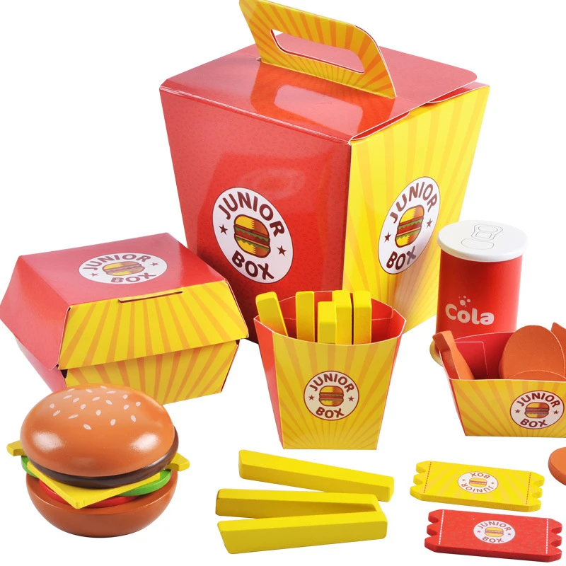 

Kids Kitchen Pretend Play Toys Simulation Kitchen Wooden Hamburger Fries Fast Food Model Set Burger Set House Toys For Childrens