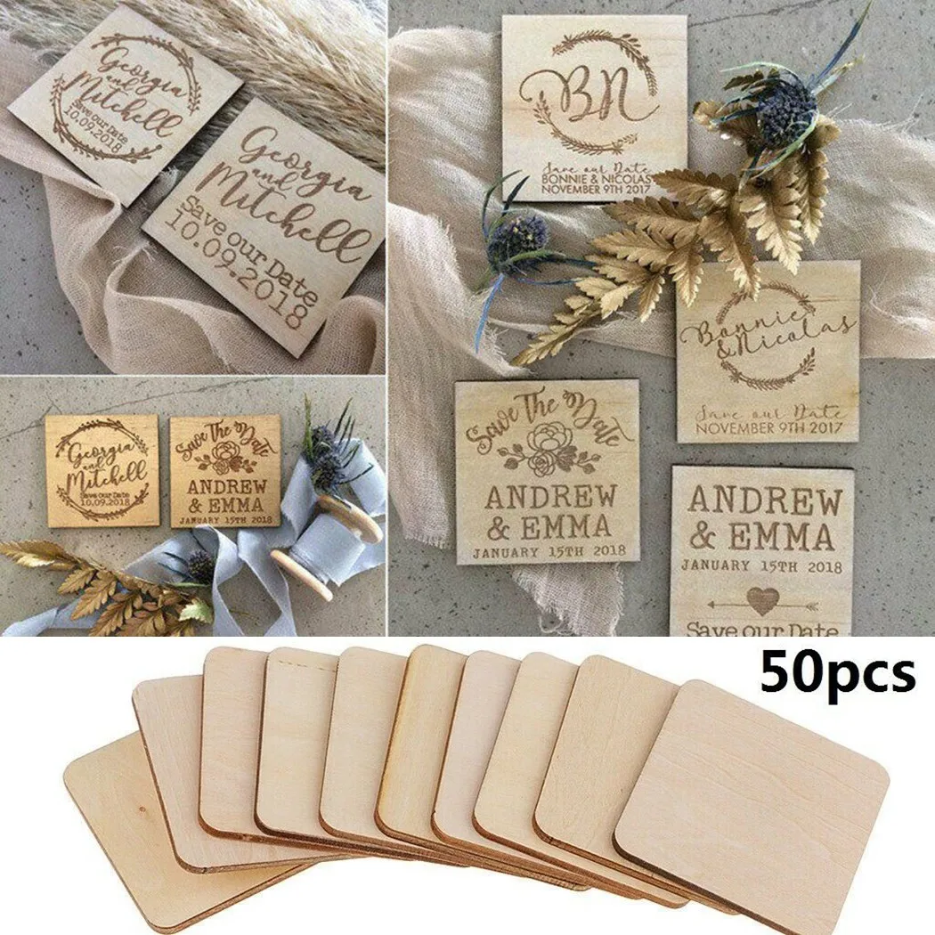 

50*Wooden Square Chips Smooth Easy To Write Paint And Carve Suitable For Handmade Wedding And Festival Accessories