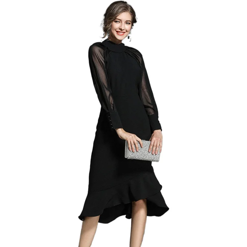 Женское вечернее платье с рукавом реглан воротником-стойкой и пуговицами |