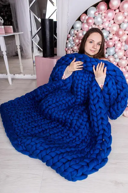 Royal blue 2x2 м одеяло крупной ручной вязки Большая мягкая теплая зимняя кровать диван одеяло толстая пряжа мериносовая шерсть объемное вязаное одеяло - Цвет: Royal blue
