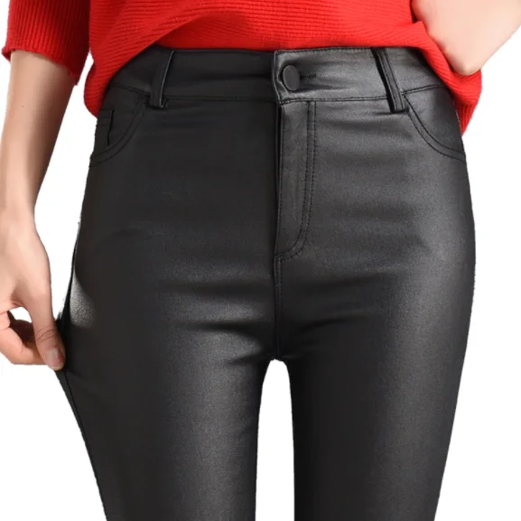 Зимние женские бархатные кожаные брюки с высокой талией эластичные Блестящие