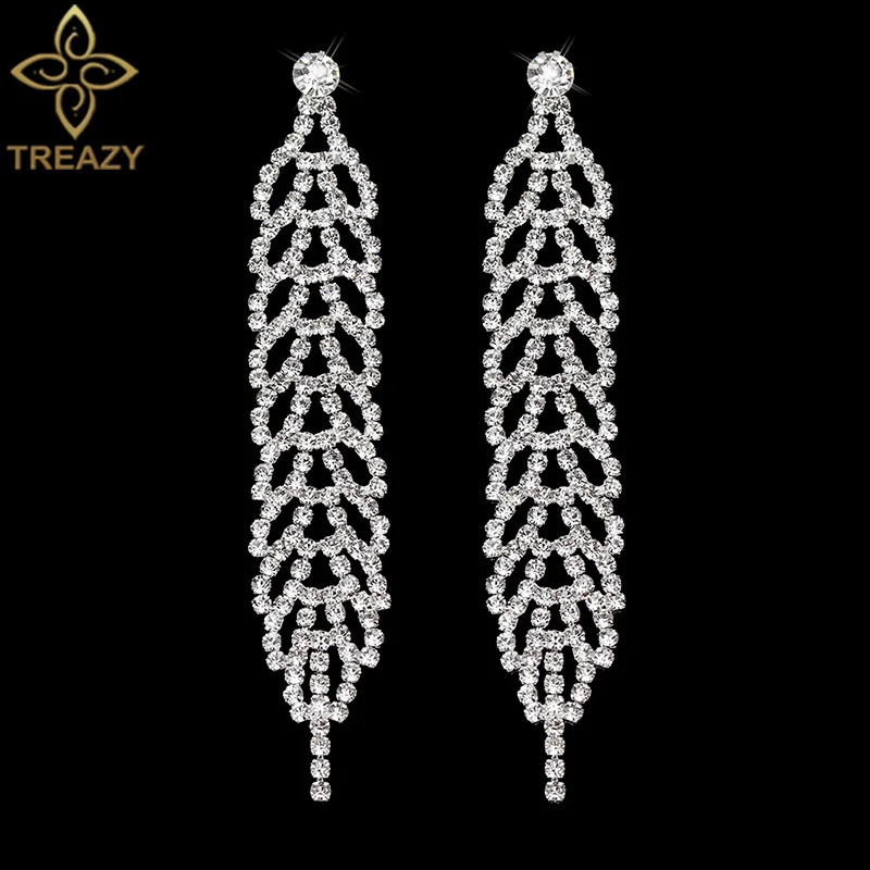 

TREAZY Diamante Silver Color Rhinestone Wedding Earrings for Women Jewelry Crystal Leaf Shape Bridal Long Drop Earrings