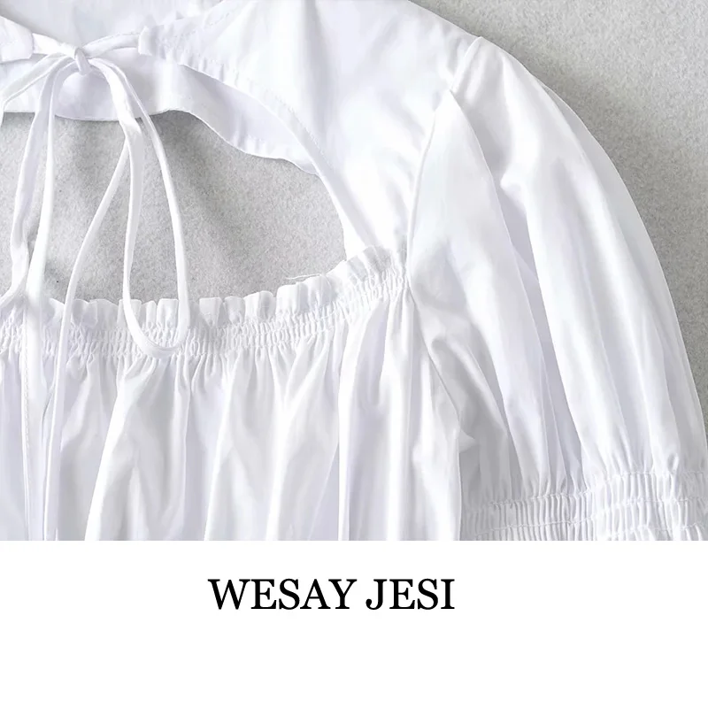 

WESAY JESI 2021 Summer New Ladies French Puff Sleeve Top Sexy Sweet Hollow Lace-Up Thin Waist Short Long-Sleeved T-Shirt