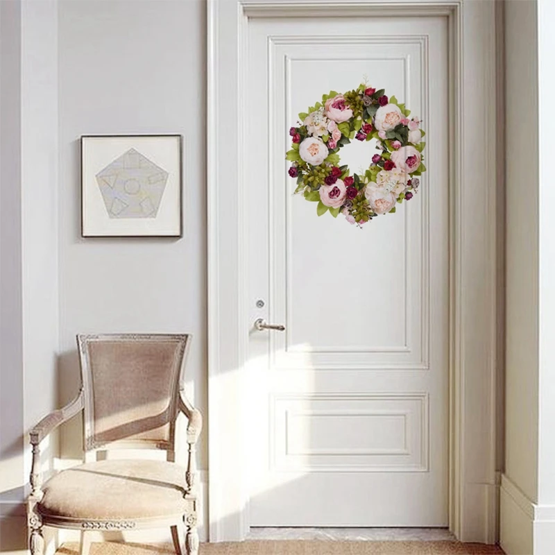 

Artificial Peony Flower Wreath, Vintage Blooming Peony Wreath with Green Leaves, for Front Door Wedding Wall Home Decor