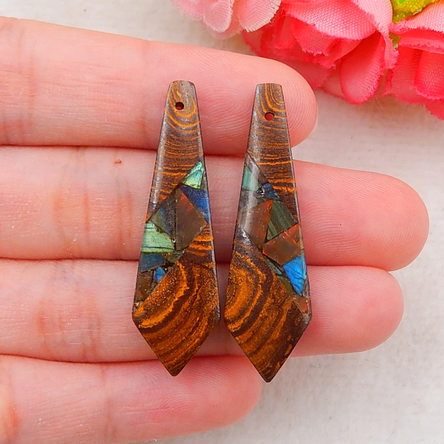 

Natural Boulder Opal,Labradorite Gemstone Earrings bead,Semi-precious stones jewelry accessories 37x11x5mm,6.1g