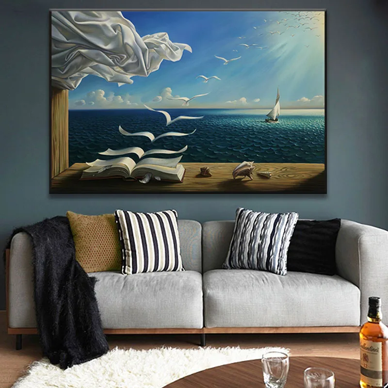 

Salvador Dali Oil Painting The Waves Book Sailboat Wall Paintings On Canvas Posters and Prints Wall Art Pictures Home Decoration