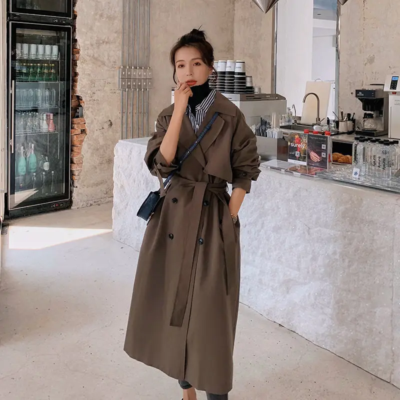 

Trench Coat Brown Drape Women 2021 Spring New Double breasted outwear Temperament Lady Popular Mid-Length Coat windbreaker with