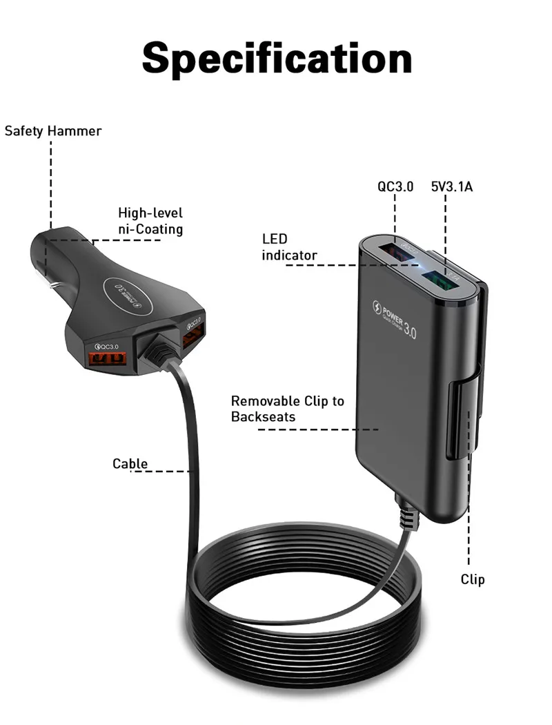 USLION, мульти USB, 4 порта, QC 3,0, автомобильное зарядное устройство, быстрая зарядка, телефон, быстрая зарядка, передний задний сиденье, зажим, зарядный адаптер, портативная вилка для iPhone