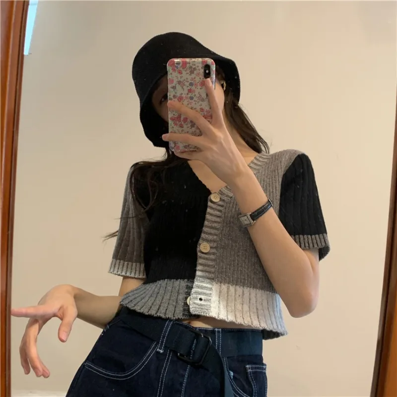 

Женский свитер с коротким рукавом Новинка весна-лето 2021 стройнящий универсальный дизайн в западном стиле нишевой короткий кардиган BM Топ