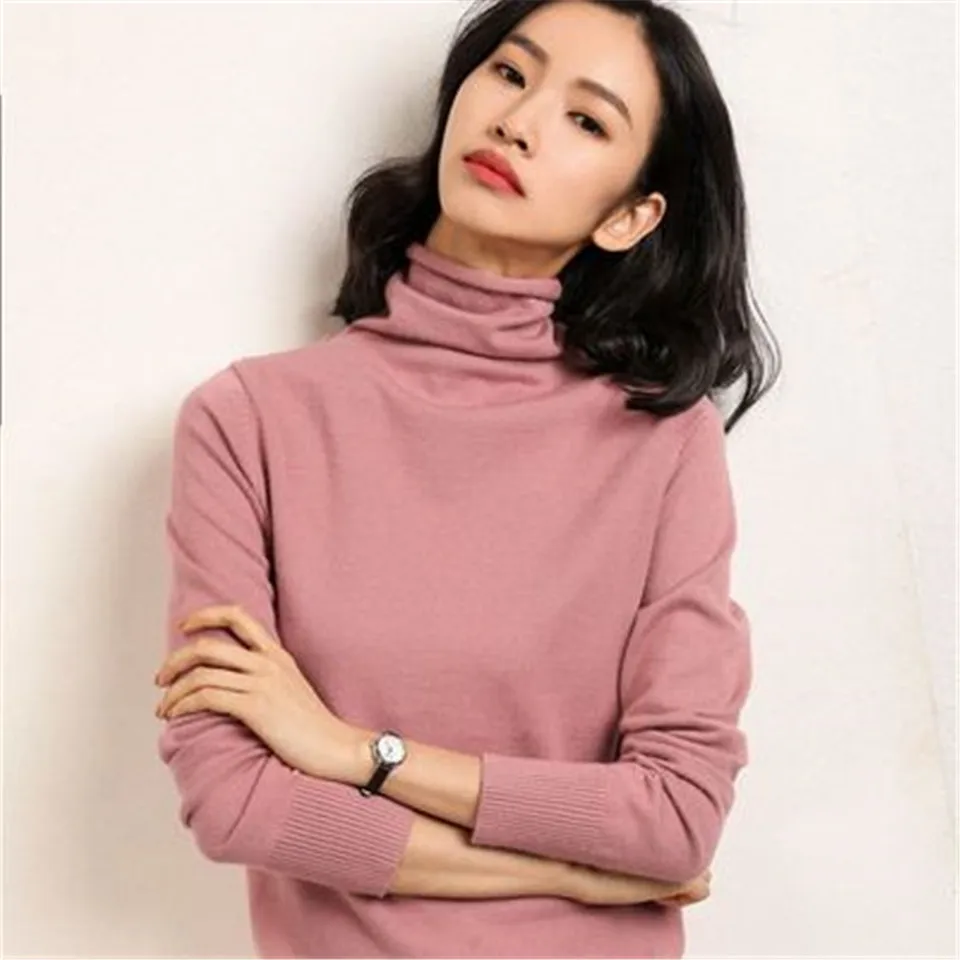 

Осенний свитер, женские вязаные пуловеры с высоким воротником, свитеры, Модный корейский зимний эластичный однотонный Свободный Топ