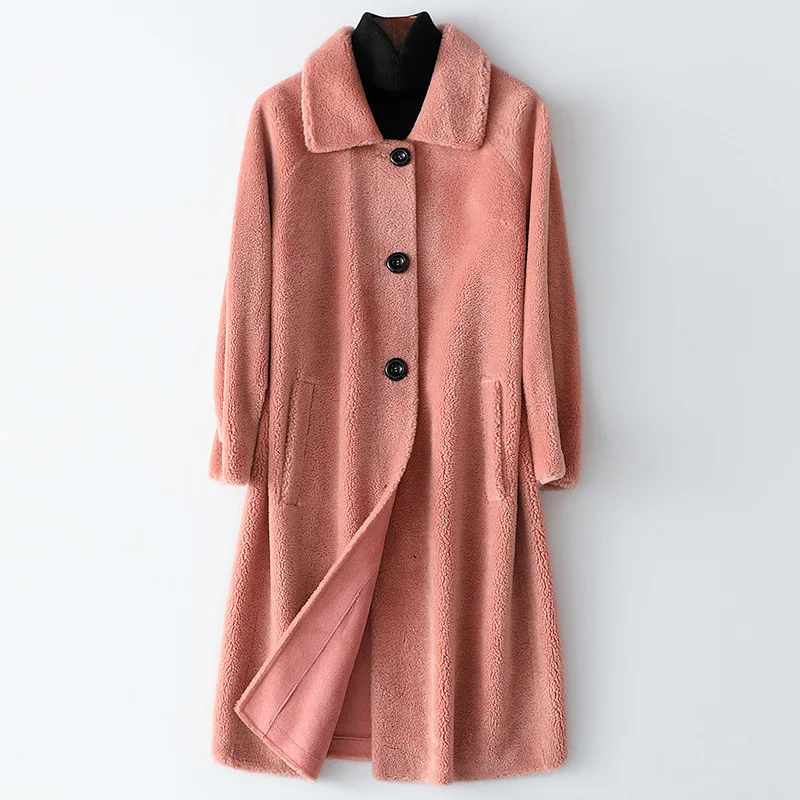 Winter Fashion Real sheep Fur Coats For Women long wool Jacket pink Natural Fur collar casual slim overCoat Female luxury