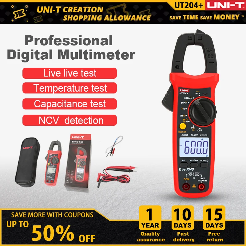 

UNI T UNI-T UT202A+ UT204+ Digital AC DC Current Clamp Meter Multimeter True RMS 400-600A Auto Range Voltmeter Resistance Test