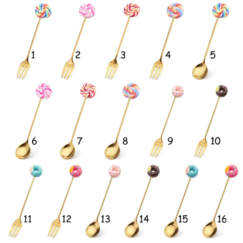 Mini cuchara de dibujos animados para niños, tenedor, Donut, cuchara de café, postre, tenedor, té,