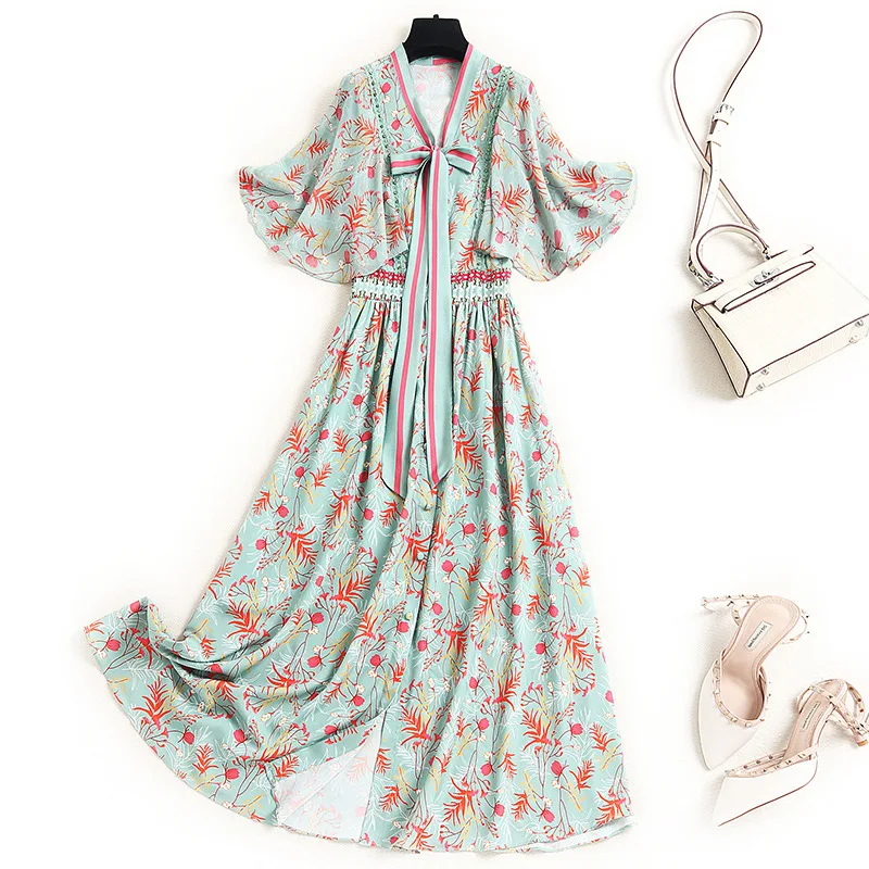 

2021 Summer Elegant Lady V Neck Bow Tie Short Ruffles Sleeves Stitching Lace Nail Beads Long Floral Printed Chiffon Dress