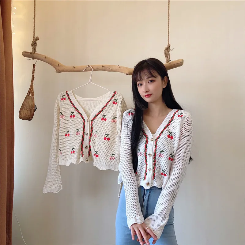 

Cherry Sweet V-Neck Girl Knitted Cardigans Sweaters Lady Embroidered Hollow Thin Cardigan Outwear Short Knitwear Tops Female