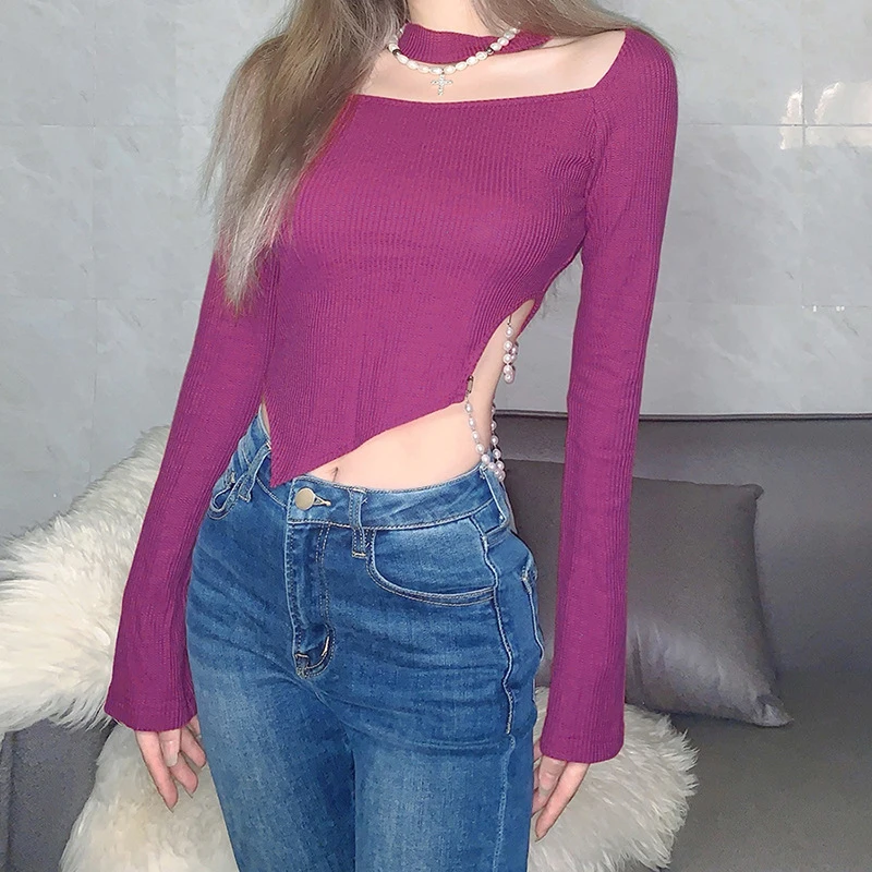 

Kayotuas Women T-Shirt Spring Autumn New Fashion Purple Solid Color Irregular Slim Fit Halter Holllow Out Streetwear Pullover