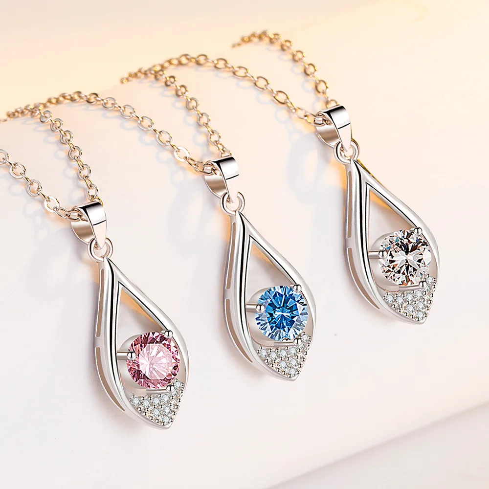 

925 Sterling Silver New for Women Ladies Fashion Jewelry High Quality Crystal Zircon Heart-shaped Drop Pendant Necklace Length45