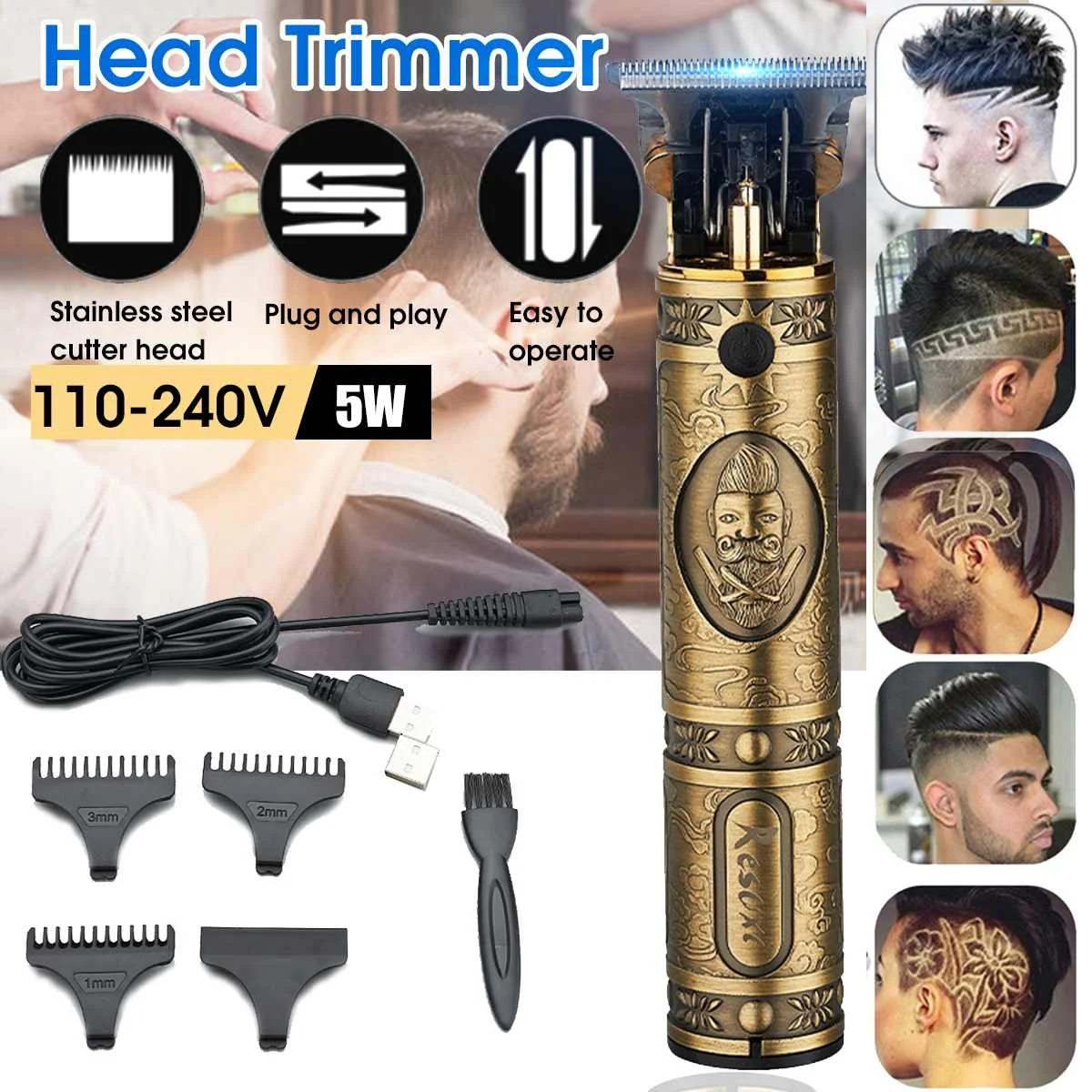 

USB Rechargeable T9 Baldheaded Hair Clipper Electric hair trimmer Cordless Shaver Trimmer 0mm Men Barber Hair Cutting Machine