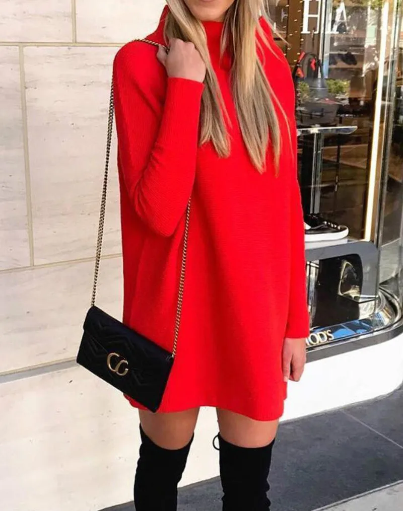 

Autumn / winter 2021 long sleeve casual street style large sweater black high collar solid color fashion knitted sweater dress