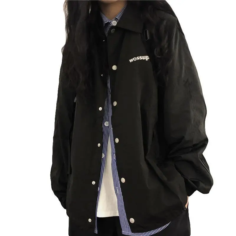 

Plus Size Bf Style Baseball Jackets Women Fashion Streetwear Long Sleeve Black Overcoat Top Vintage Letter Printing Buttons Coat