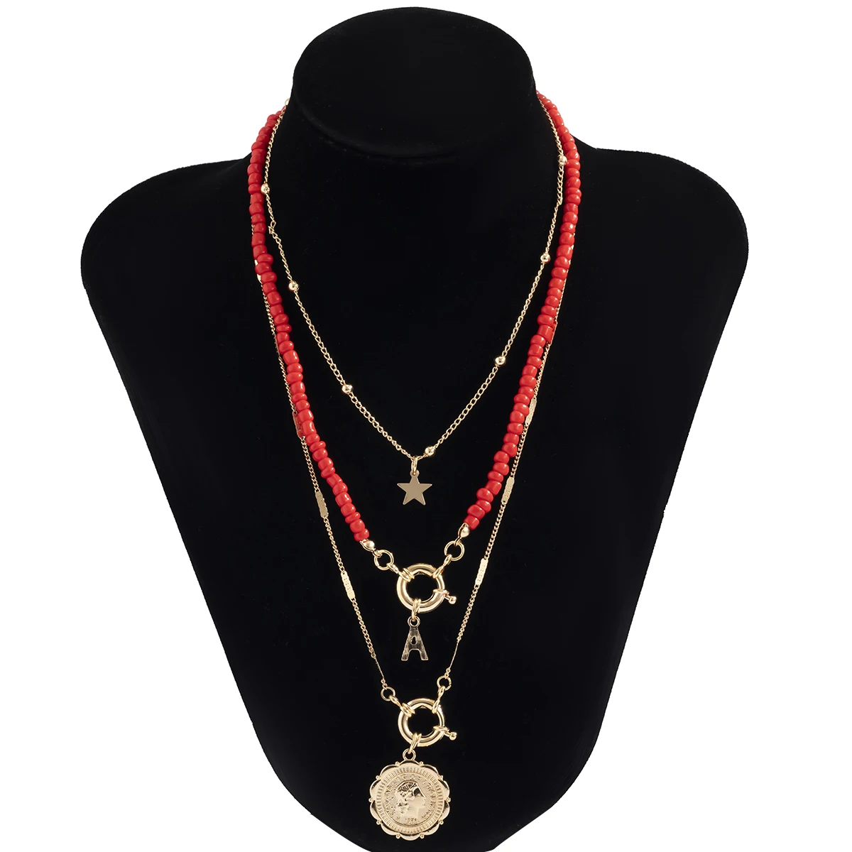 

3Pcs/Set Red Color Seed Beaded Chain Alphabet Letter Choker Necklace Multi Layered Carved Coin Portrait Pendant Necklace Jewelry