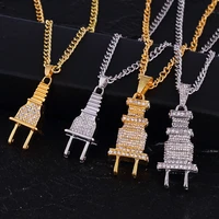 2021 new gold plated electrical plug shape pendants necklaces men women hip hop charm chains bling cubic zirconia jewelry gifts