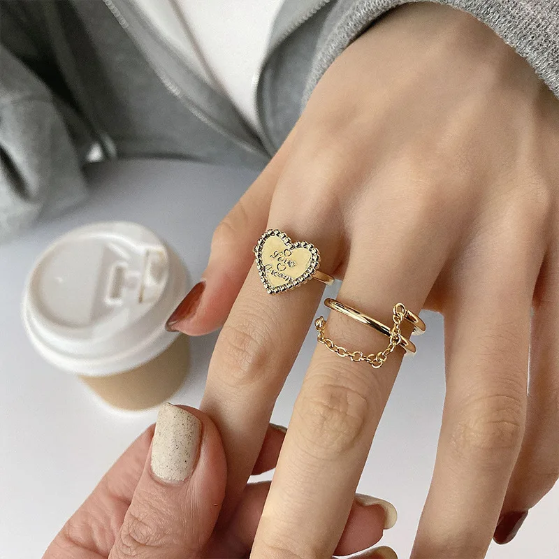 

Origin Summer Statement Letter Love Heart Ring for Women Girls Textured Chain Open Gold Index Finger Ring Jewelry Fashion