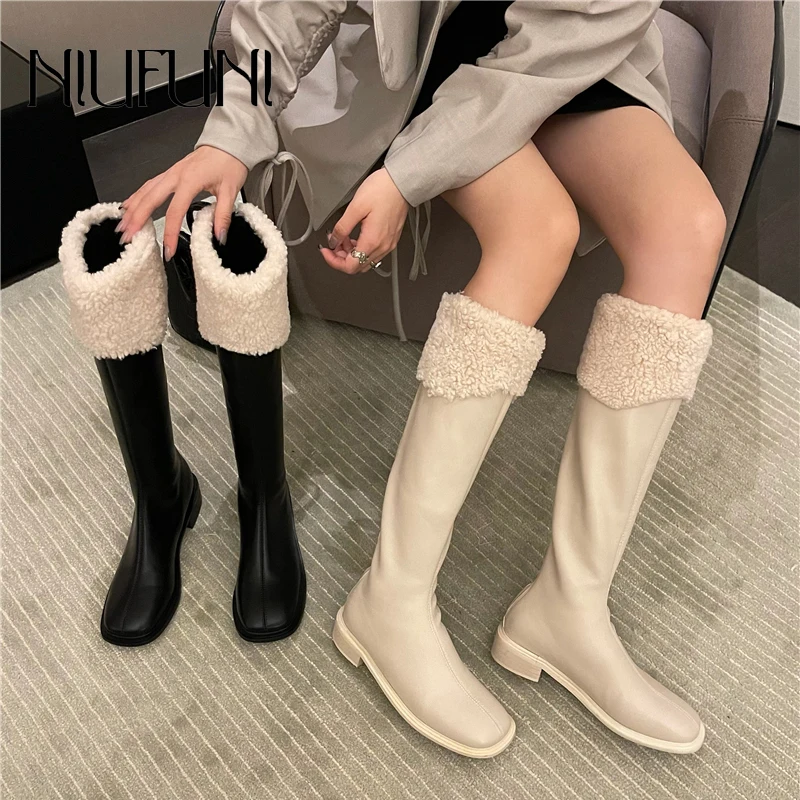 

Wool Elastic Slim Women's High Boots Short Plush Winter Warm Long Tube Knee High Boots Pure Color Simple Low Heels Women Shoes