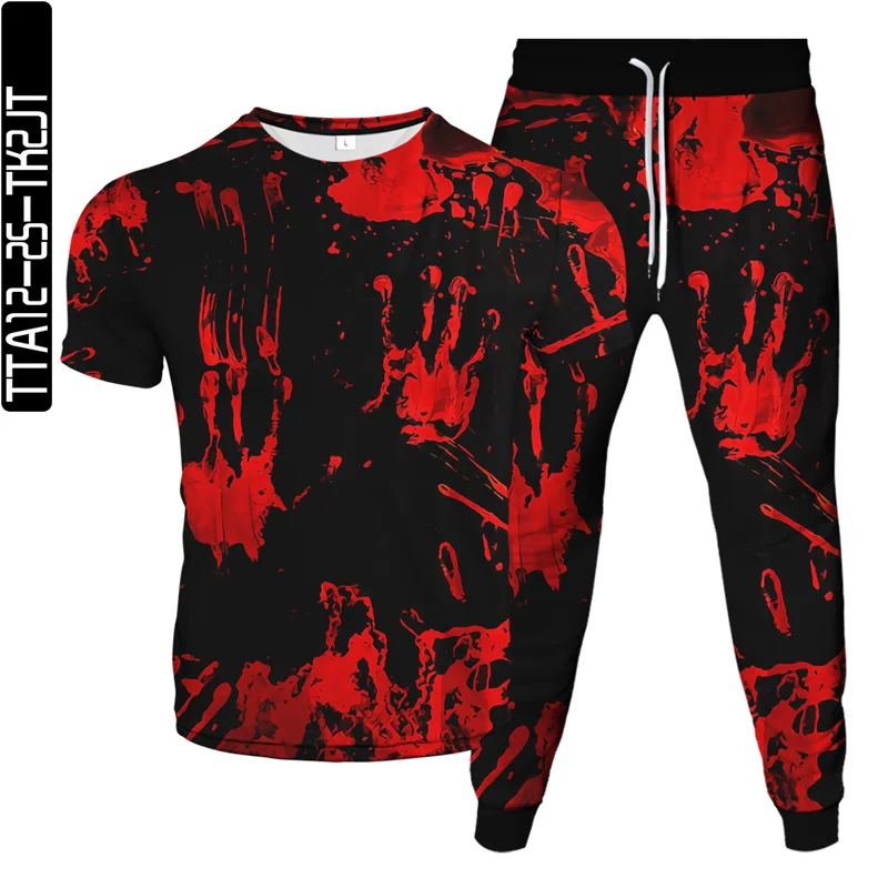 

Spring and summer hot-selling brand men's T-shirt + sports pants two-piece 3D printing crimson fashion hip-hop men's clothing