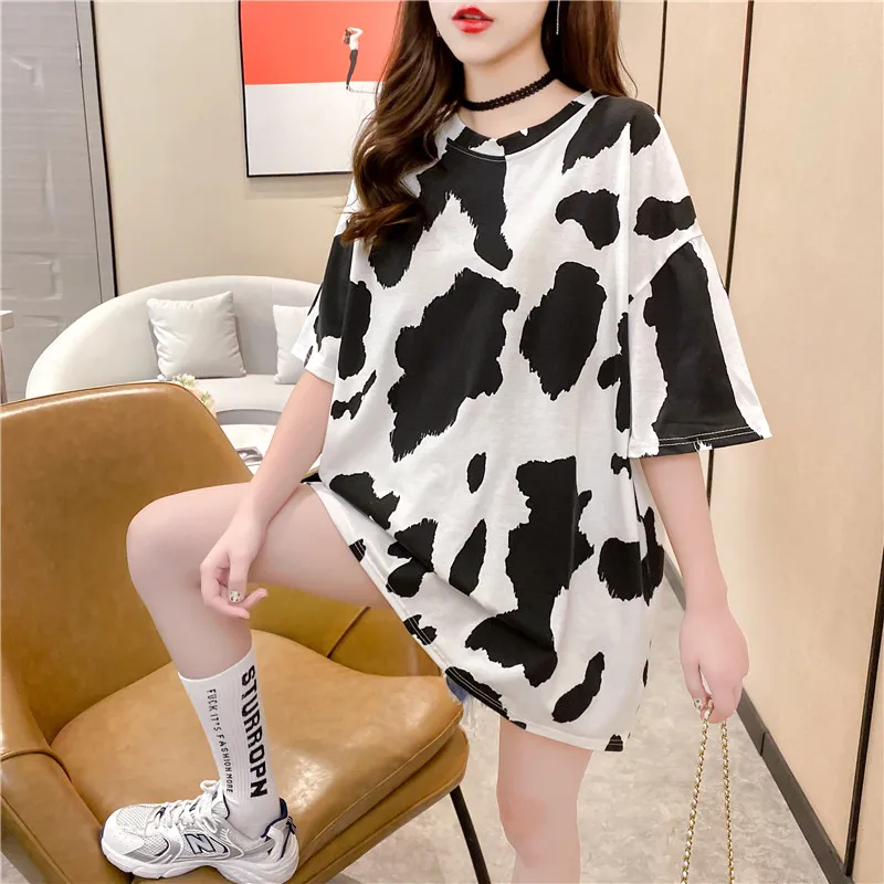 

Mid-length Women's T-shirt short Cow color Ins Hot cotton tops shirt Plus Size Basic harajuku Tees women sexy tops kawaii MY2803