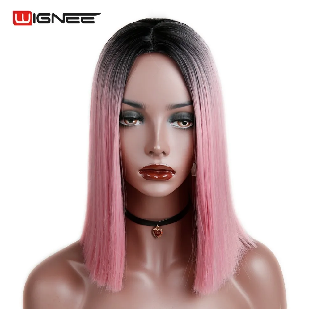 Wignee 2 тона Омбре коричневый пепельный блонд синтетический парик для женщин средняя часть короткие прямые волосы высокая температура косплей волосы парики