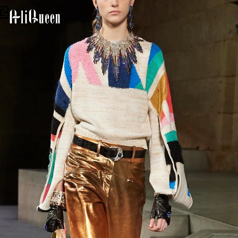 2019 Runway Brand Designer Women Long Sleeve Geometric Patchwork Knitted Sweater autumn Oversized Split Flare Pullover | Женская одежда