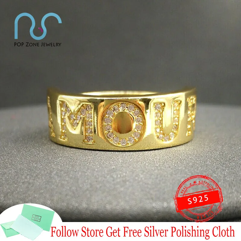 

FUN CRAZY LOVE Series AMOUR Ring S925 Sterling Silver Luxury Ring Love Letter Ring Golden Yellow Bohemian Couples Women Jewelry