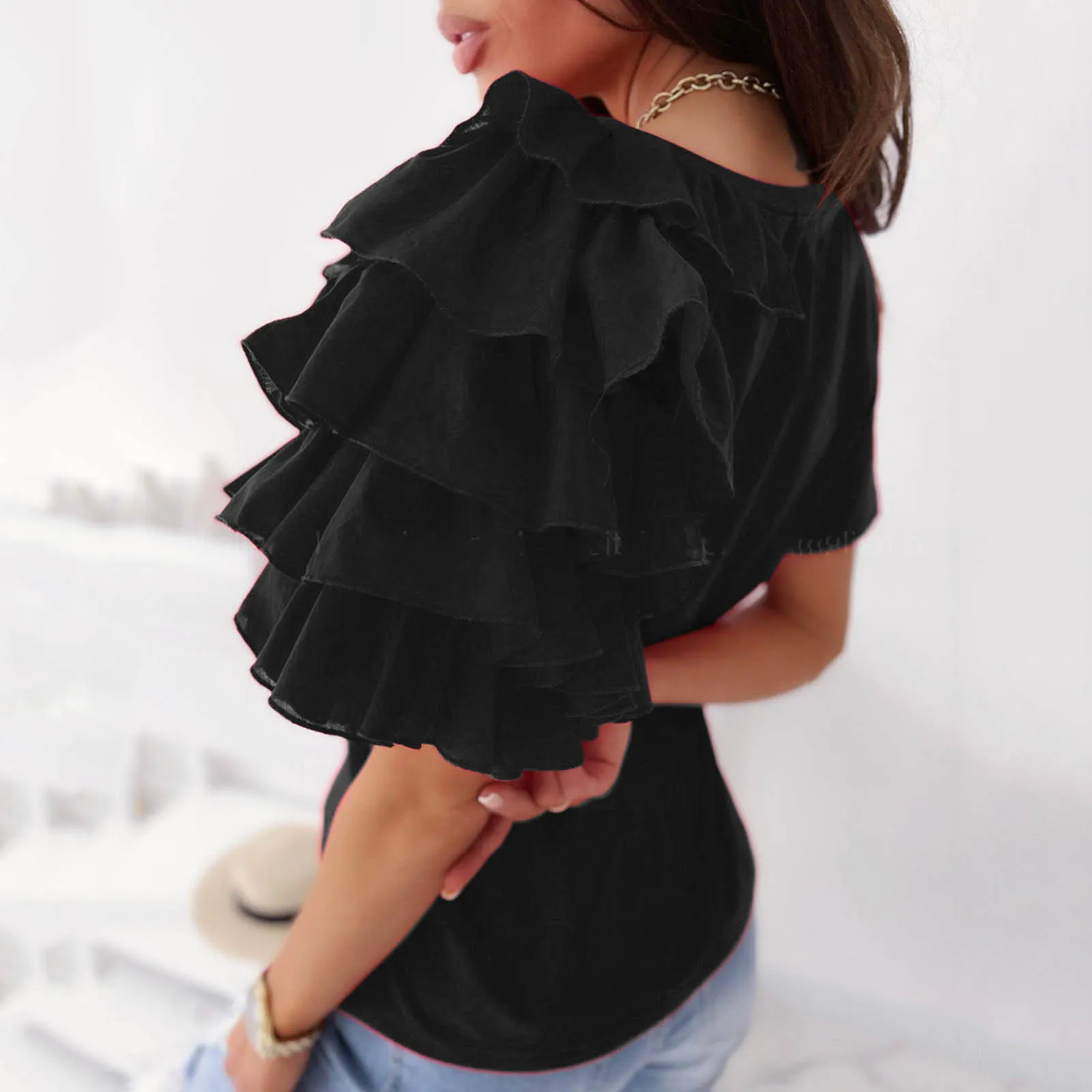 

40# Short Sleeves Round-neck Shirt Summer 2021 Ruffled Sleeve Elegant Summer Shirt Vintage Loose Solid Color Women Blouses