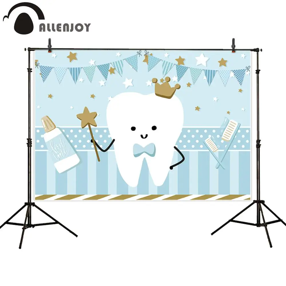 

Allenjoy Tooth Party Backdrop photography baby Boy Blue Banner Decoration Stars Flag Toothpaste Toothbrush Background photocall