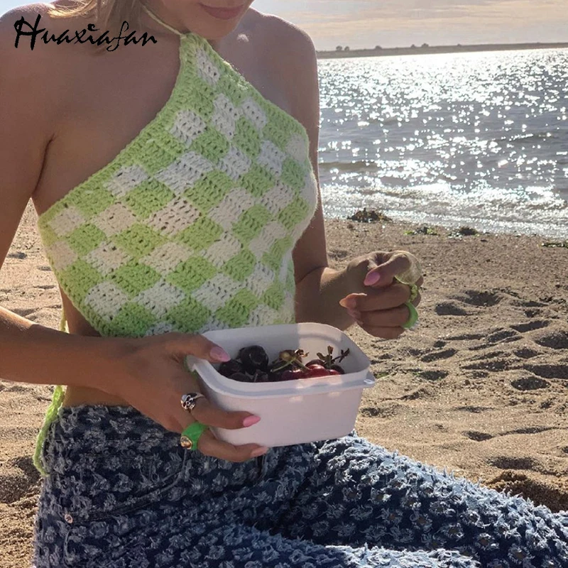 

Huaxiafan Plaid Print Knitted Vest Tank Tops Women Summer Beach Casual Sexy Backless Bandage Y2K Crop Top Female 2021 Clothing
