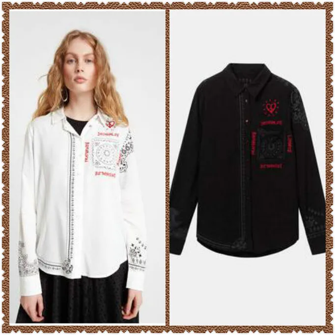 

DESIGUAL spain single heart embroidered printed open shirt in black and white