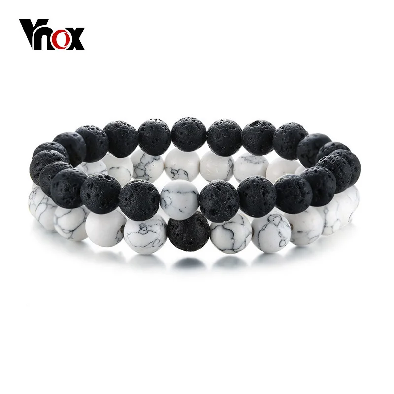 Vnox 2 шт./компл. пары расстояние Браслеты для Для женщин человек Натуральный камень белого и черного цвета с изображением символа «Инь Янь бисер лучшие друзья Браслеты Подарки