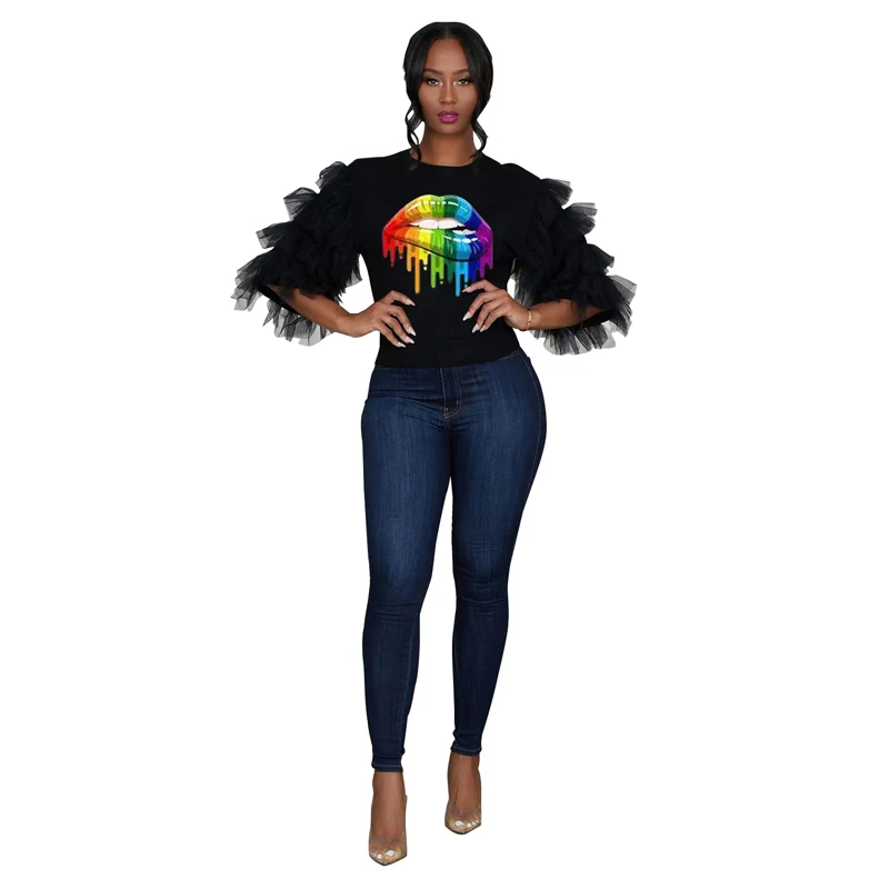 Осенняя Новинка 2019 женская модная футболка с принтом губ Сетчатая короткими