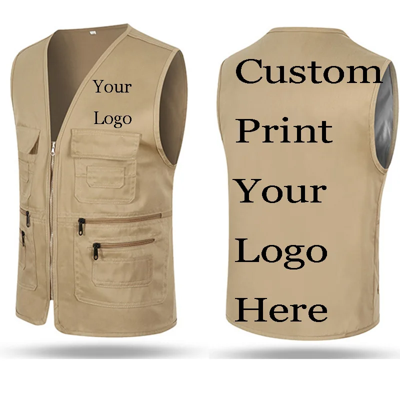 

Custom Vest Men Pockets Customize Printing LOGOs Name Advertisement Fishing Poly Male Sleeveless Waistcoat Photographer Jacket