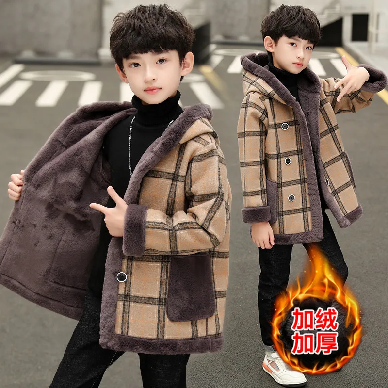 Зимнее пальто для мальчиков Тренч От 4 до 13 лет клетчатый шерстяной ткани + плюша