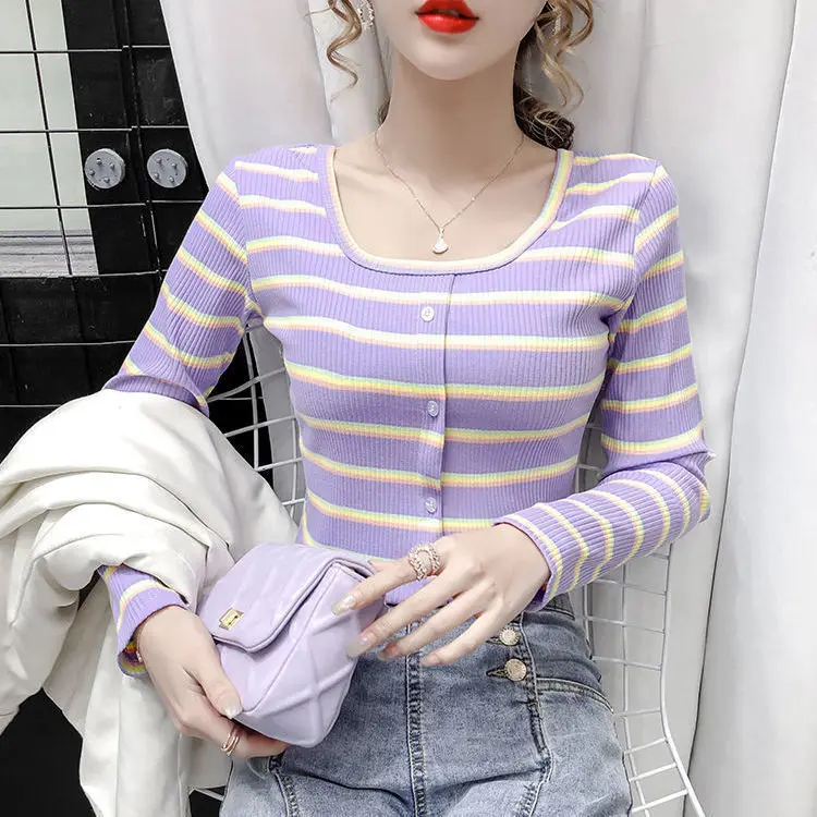 

French square neckline stripe long sleeve T-shirt for women 2021 spring new slim and versatile