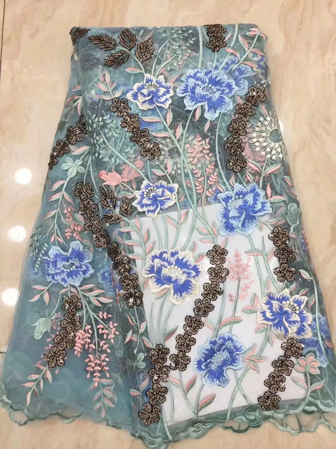 

European Flowers Designs Sequins Lace Tulle Sequin Fabric Quality Mesh Cloth For Garment Sewing Dress