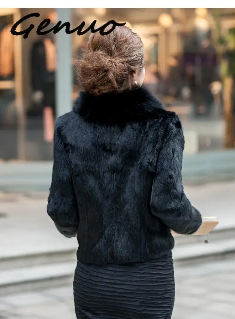 Black/White Womens Winter Autumn Short Section Faux Fur Jackets Man-Made Rabbit Fur Collar Casual Fur Coats Casaco Feminino