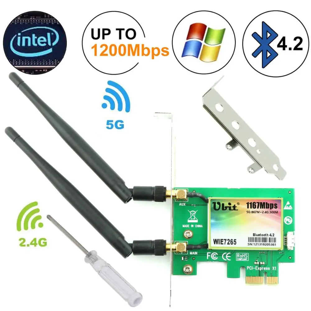 Ubit Wireless AC 7265 двухдиапазонный PCI Express гигабитный адаптер скорость до 867 Мбит/с 2 4G/5G +