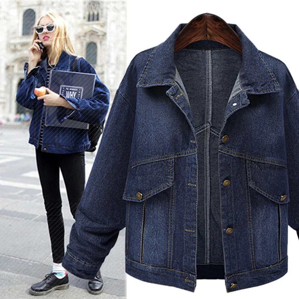 Женское джинсовое пальто с большими карманами свободного покроя|Женские куртки|